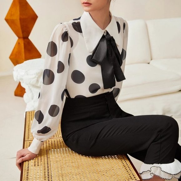 Black and White Polka Dot Tie Neck Shirt blouse - Picture 4 of 5